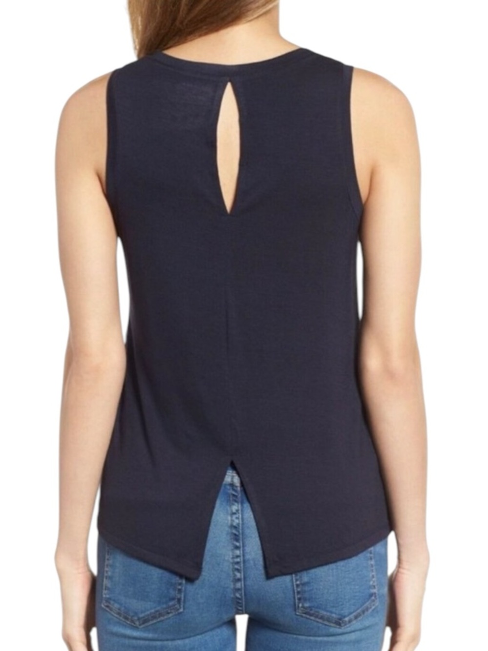 Halogen Navy Blue Sleeveless Tank Top Size Medium Keyhole Back Split‎ Hem